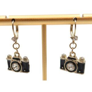 Rhinestone & Enamel Gold Tone Camera Drop Earrings Pierced Novelty Unsigned